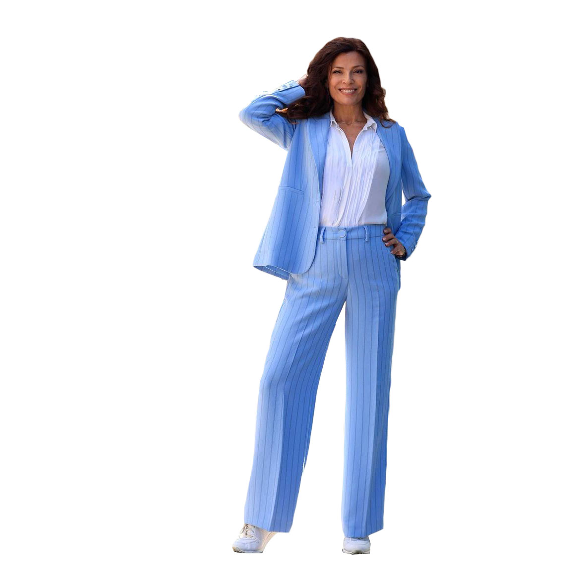 High Quality Casual Blue Stripe Pants Suits Two Piece Set 2022 Summer Ladies Blazer Jacket Business Attire
