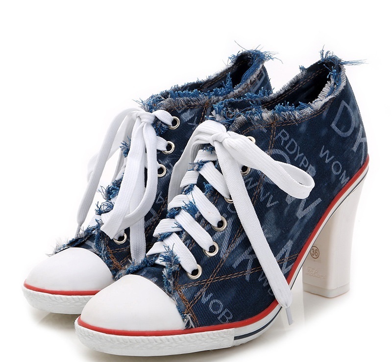 Women's Denim High Heels Rivets Shoes Female Canvas Pumps Lady's Boots Ankle Lace-Up Thick Heel and Thin 220328
