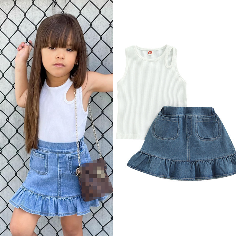 Ribbed Cotton Tank Top Shirts Denim Skirt Set Summer Baby Girls Boutique Outfits, As picture
Ribbed Cotton Tank Top Shirts Denim Skirt Set Summer Baby Girls Boutique Outfits, As picture