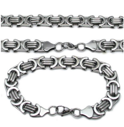 New Style Jewlery Set 8mm Silver Tone Flat byzantine chain necklace bracelet 316L Stainless Steel Bling for Fashion mens XMAS Gi