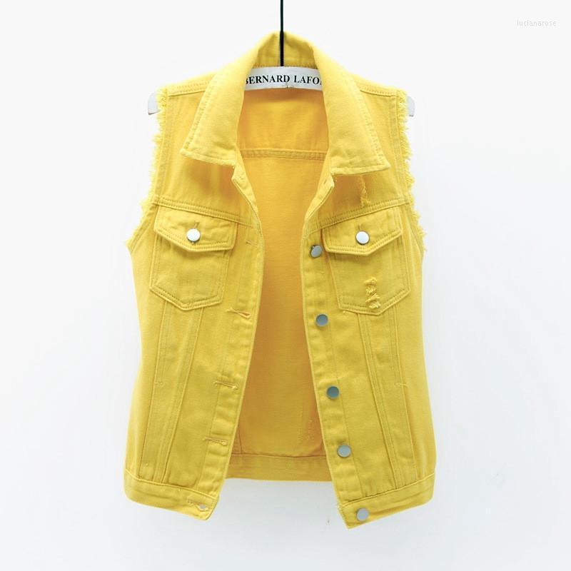 

Women' Vests Jeans Vest Women Trend Frayed Denim Coat Girl Autumn Basic Turndown Collar Buttons Pocket Jean Female Waistcoat Top 6XL Luci22, Yellow