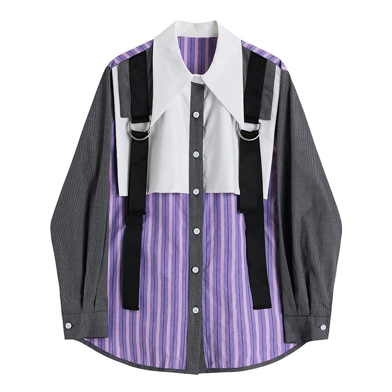 Women' Blouses & Shirts Women Shirt British Style Fake Two-piece Design Strap Autumn Contrast Color Splice Loose Striped Purple Long-sleeve
Women' Blouses & Shirts Women Shirt British Style Fake Two-piece Design Strap Autumn Contrast Color Splice Loose Striped Purple Long-sleeve