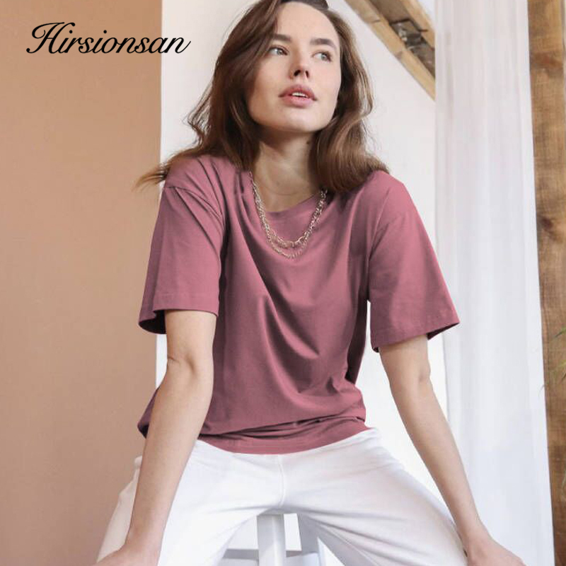 Hirsionsan Basic Cotton T Shirt Women Summer Loose Solid Tees 18 Color Casual Tshirt Korean O Neck Female Tops 220328