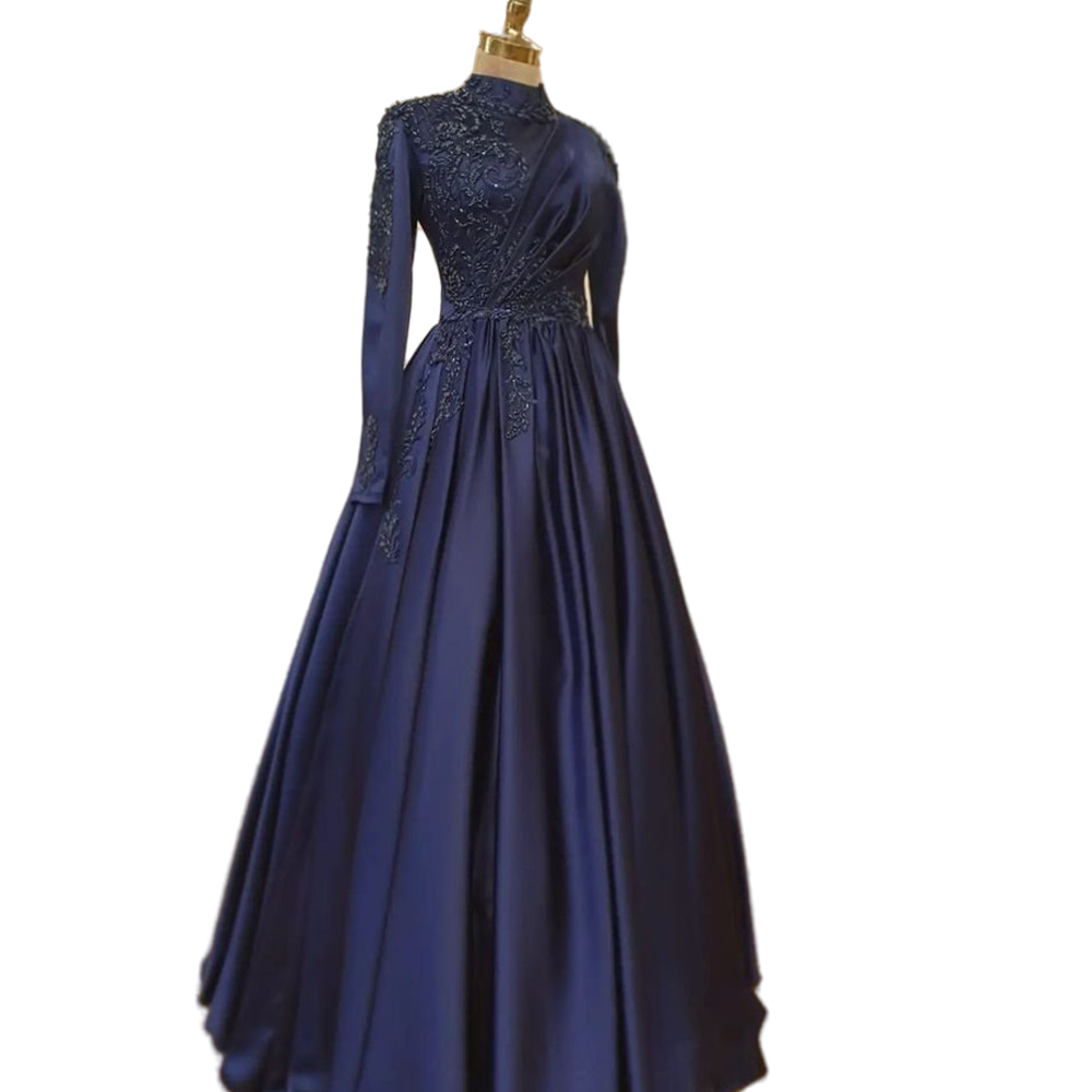 2022 Elegant Dark Navy Muslim Evening Dresses Floor Length High Neck Long Sleeve A Line Formal Party Gowns Appliques Lace Beaded Modest Arabic Dubai W