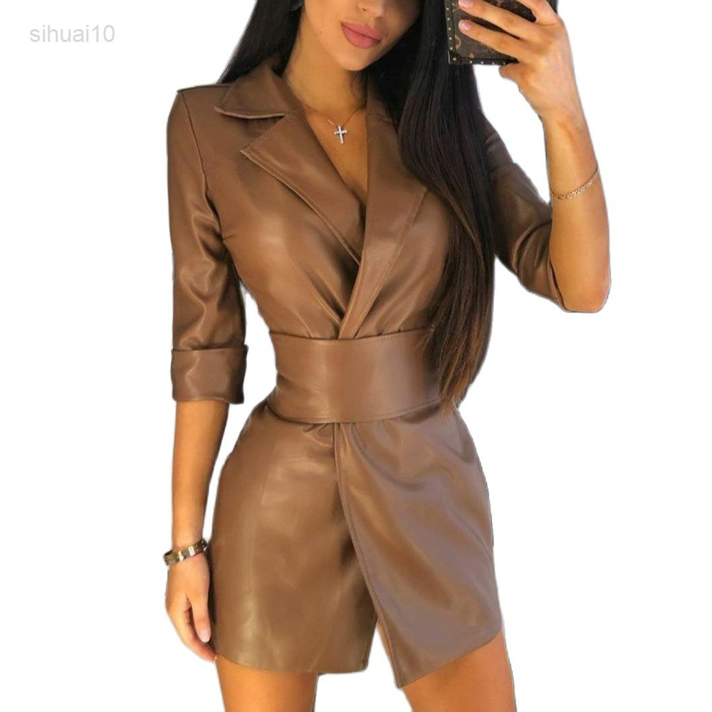 Womens Autumn Fashion Lapel Leather Blazer Front Wrap Dress Long Jacket Trench Coat With Belt L220725