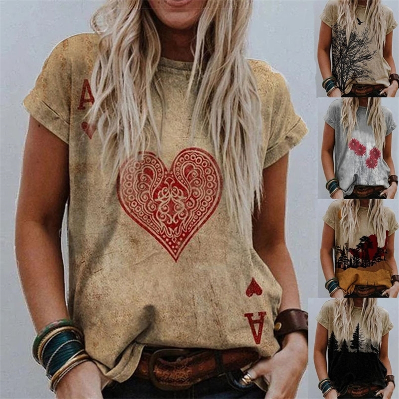 Casual Women T Shirt Summer Vintage Heart Print Short Sleeve Tee Tops Fashion Loose Flower Print Female Pullover Tops 220527