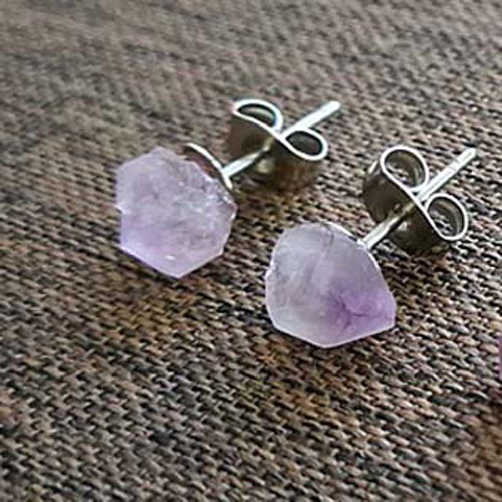 Mini Raw Mineral Purple Crystal Stud Earrings Stainless Steel Ear Studs 6-10mm Small Flower Natural Amethysts Quartz Earrings