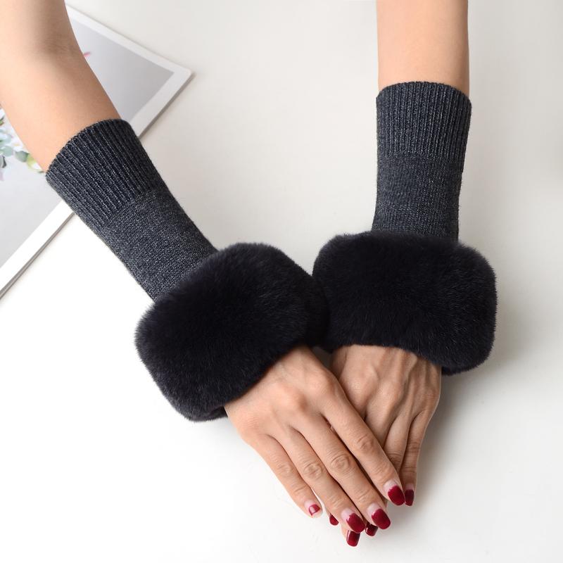 

Five Fingers Gloves Women Warm Fingerless Mid-Length Arm Sleeve Cashmere Real Rex Fur Cuffs Winter High Elastic Wool Knitted