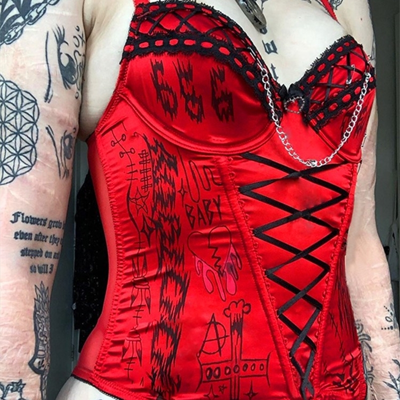 Chain Women Emo Cyber Y2k Corset Fairy Grunge Camis Red Lace Up Alt Crop Tops Punk Style Camisole Sexy Letter Print Bustier Goth 220316