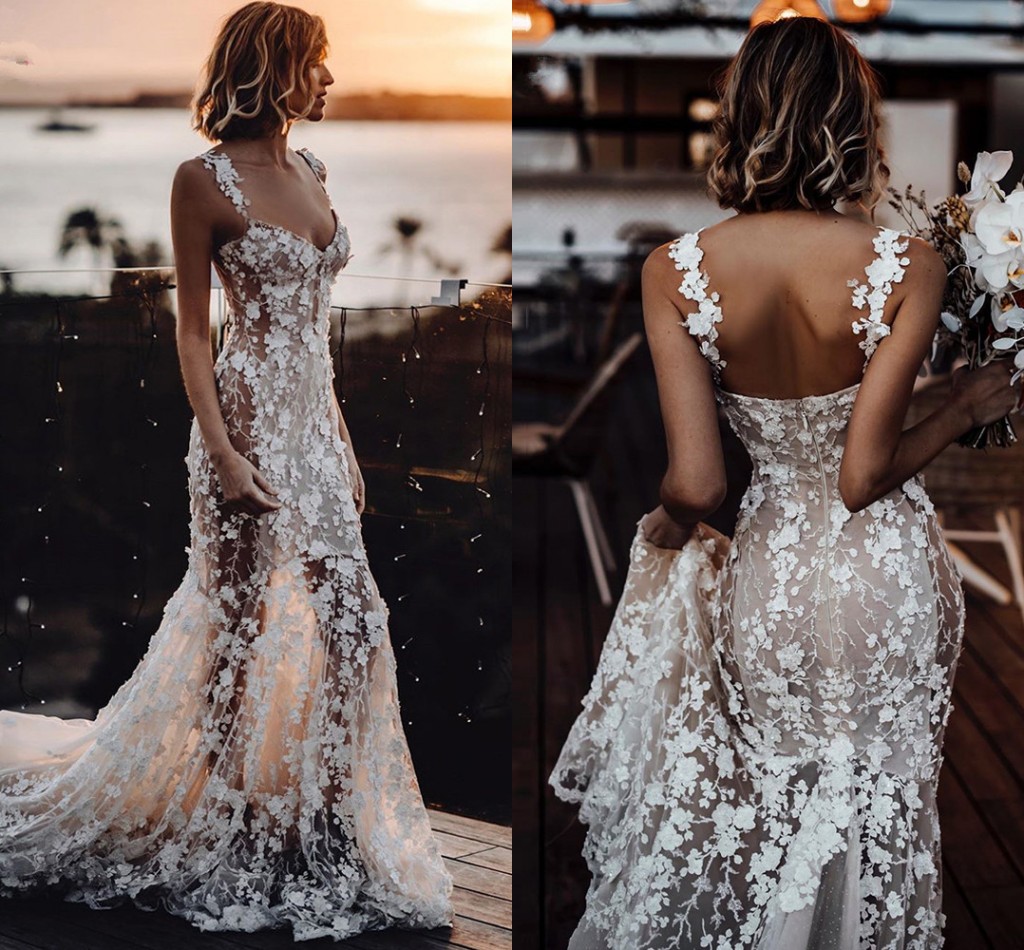 2022 Beach Mermaid Wedding Dresses Sexy Nude Lining Floral Lace Applique Country Bohemian Sweetheart Bridal Gown vestido novia berta