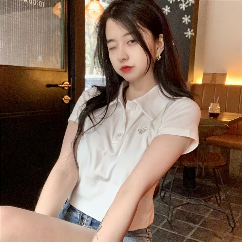 Polo T Shirt For Women White Blouse Short Sleeve Tees Crop Top Female Fashion Embroidery Summer Women's Clothing Aesthetic 220328