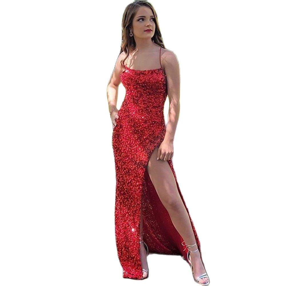 2022 Red Mermaid Evening Dresses for Women Sequin Formal Prom Party Gowns