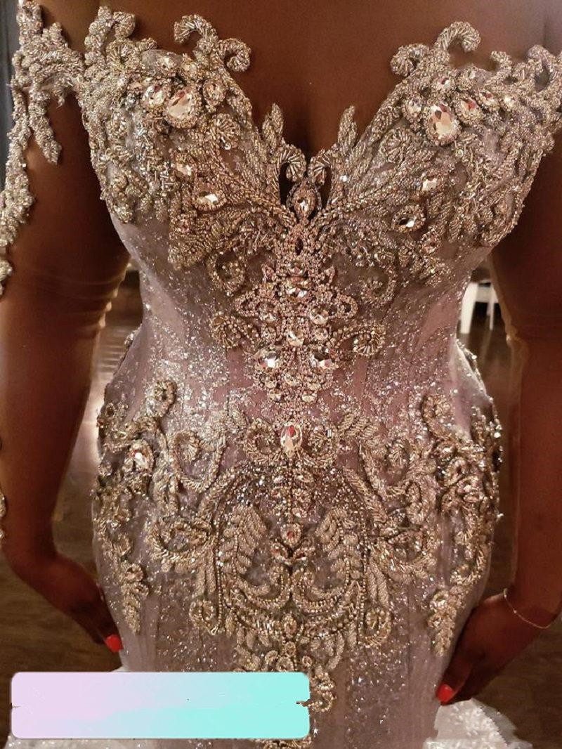 Plus Size Mermaid Wedding Dresses with Detachable Train Sparkly Crystal Illusion Long Sleeve Arabic African Aso Ebi Princess Bridal Gowns