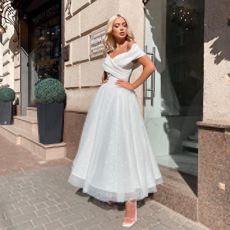 Off The Shoulder Sparkly Short Wedding Dress 2022 Simple Gliter Tulle Tea Length Sequin Bridal Gown A-Line Beach Vestido De Noiva