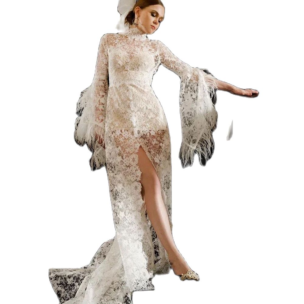 High Neck Lace Wedding Dresses Side Split Backless Bridal Gown Trumpet Sleeve Feather Beach Custom Made Robe de mariee