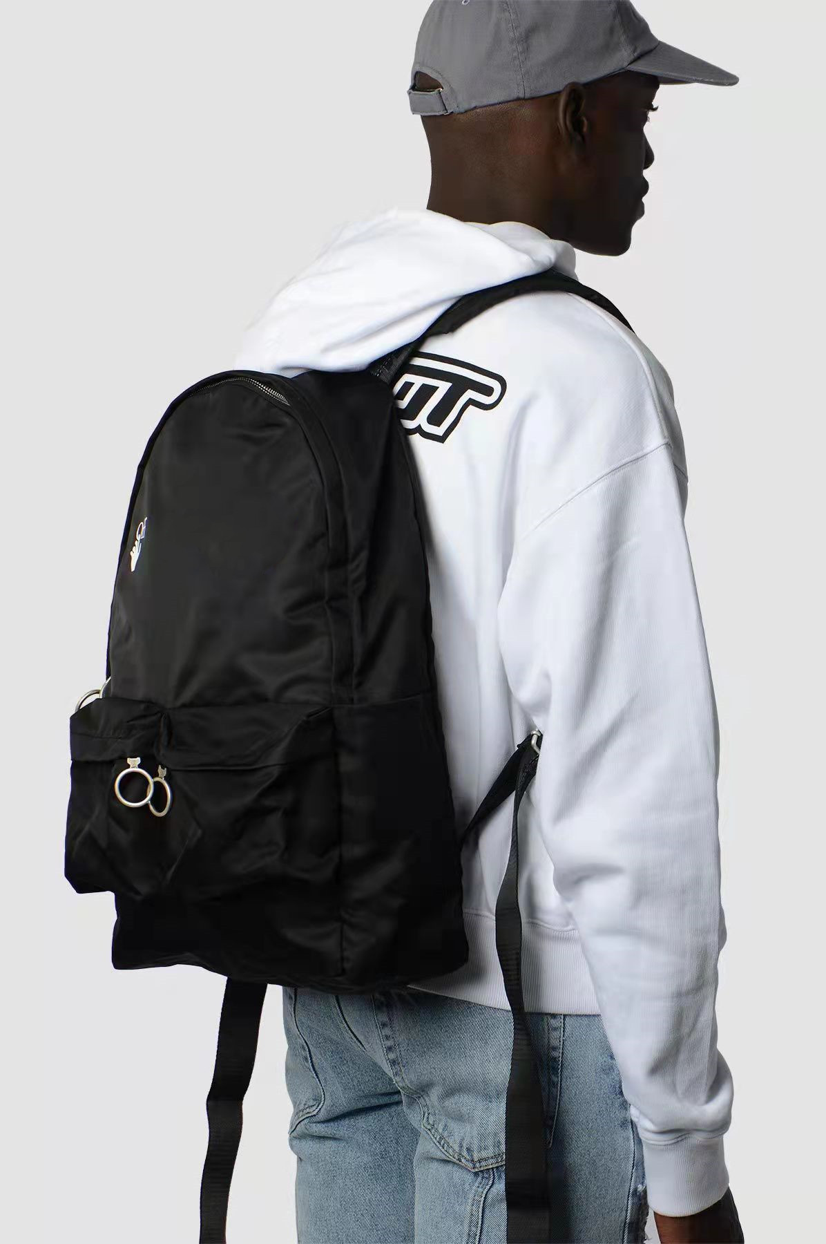 Men School Bags Backpack grey straps canvas belt black Computer package Hip hop multi purpose