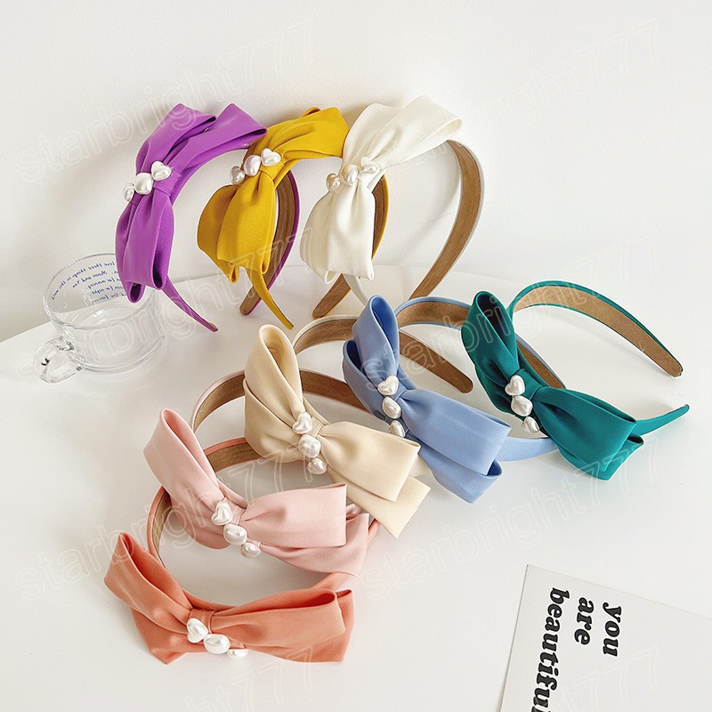 Satin Bow Heart Pearl Hairbands Headbands Ornament Women Candy Color Hair Hoop Hair Accessories Wholesale