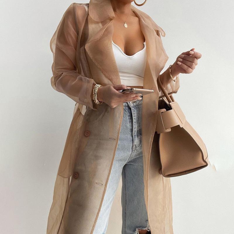 Women039s Jackets Women Spring Summer See Through Outdoor Long Coat Sheer Mesh Full Sleeve Buttoned With BeltWomen039s