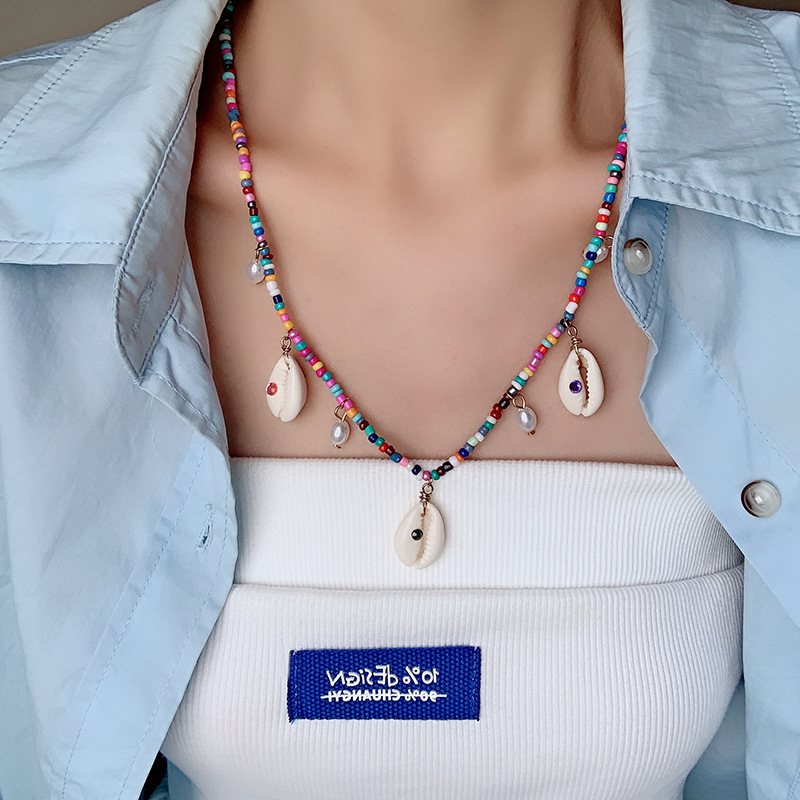 Bohemian Style Small Glass Beaded Pearl Shell Charm Necklace Summer Beach Style Jewelry