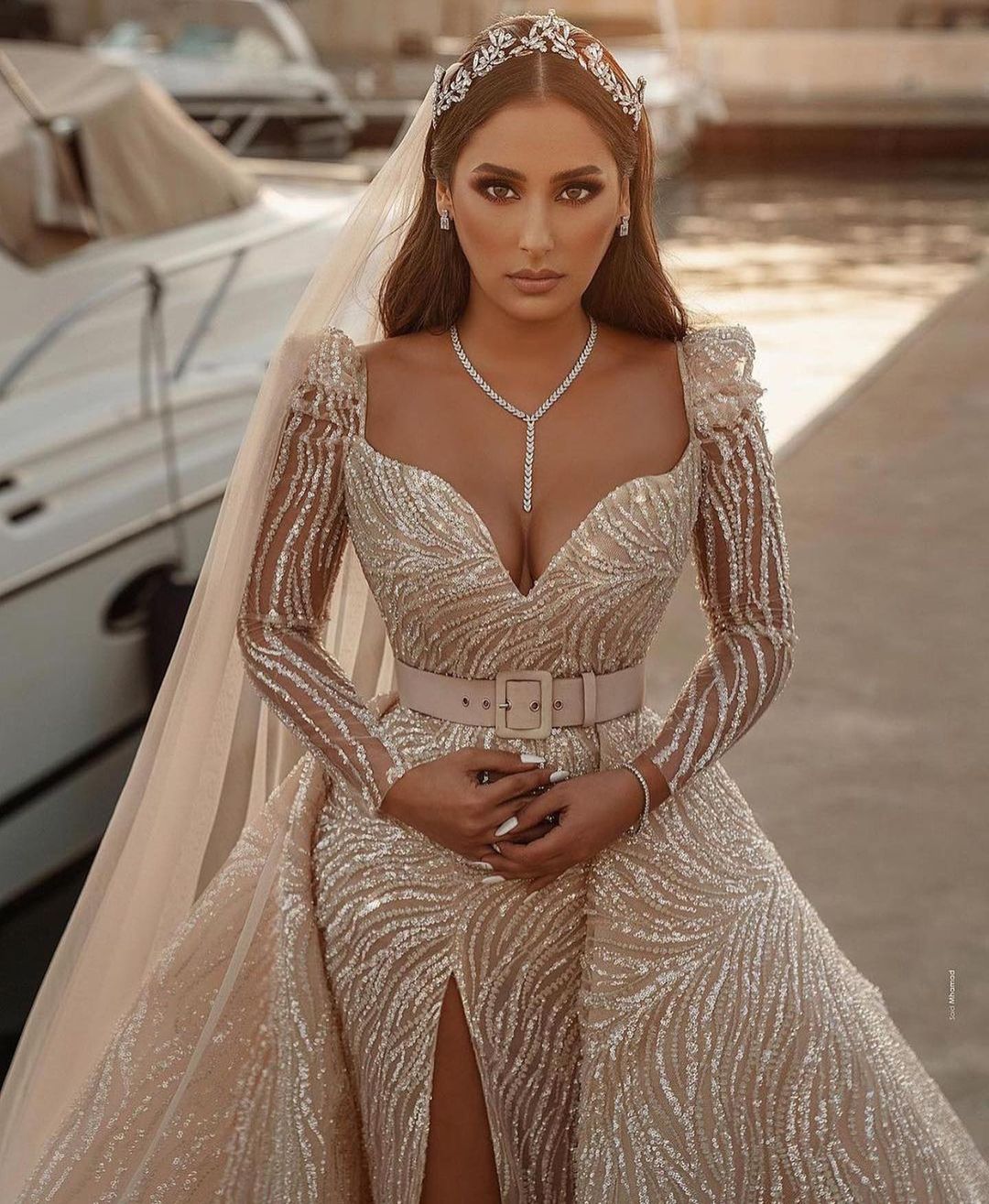 Gorgeous Sequined Mermaid Wedding Dress Sexy Full length High Split Bridal Gowns Custom Made Detachable Train Marriage Dresses Vestido De Novia