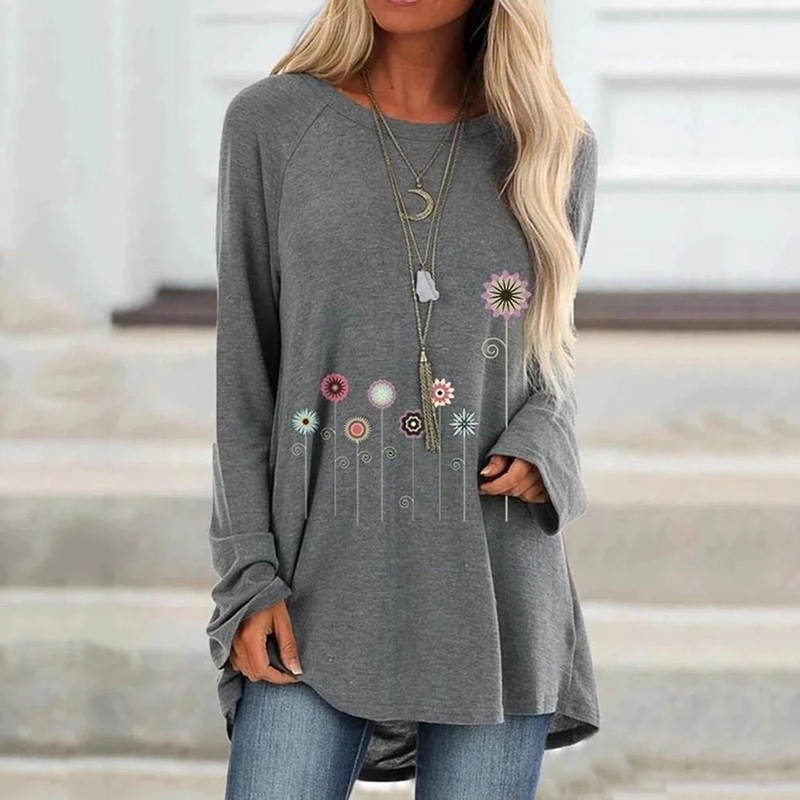 Autumn Women Tops Floral Dandelion Print Long sleeved T shirt Round Neck Loose Casual Pullover Ladies Top 220714