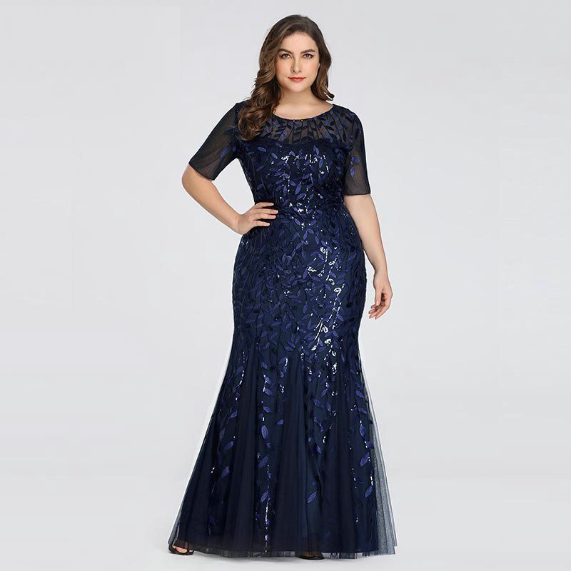 Plus Size Sequin Mesh Mermaid Slim Evening Dress Beaded Leaves Pattern Formal Women Elegant Party Prom Gowns Short Sleeve 220510
