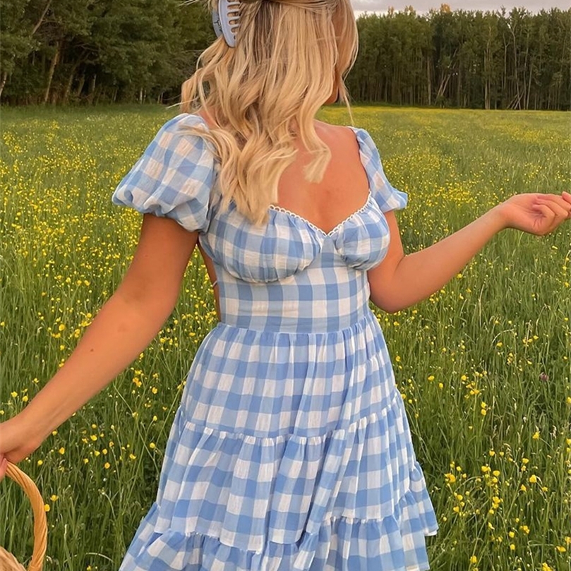 Foridol Lace Up Backless Gingham Chiffon Summer Dress Vintage A-line Puff Sleeve Plaid Short Dress Chic Blue Holiday Dress 220511