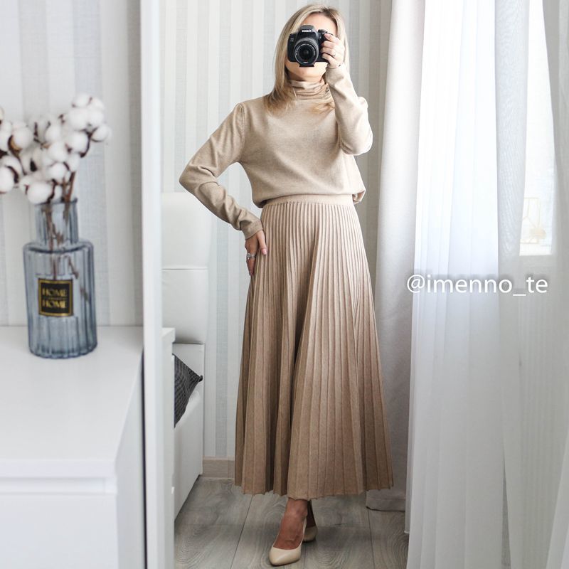 GIGOGOU Long Women Knitted A Line Skirts Autumn Winter Elastic High Waist Pleated Skirt Highstreet Midi Femme 220317