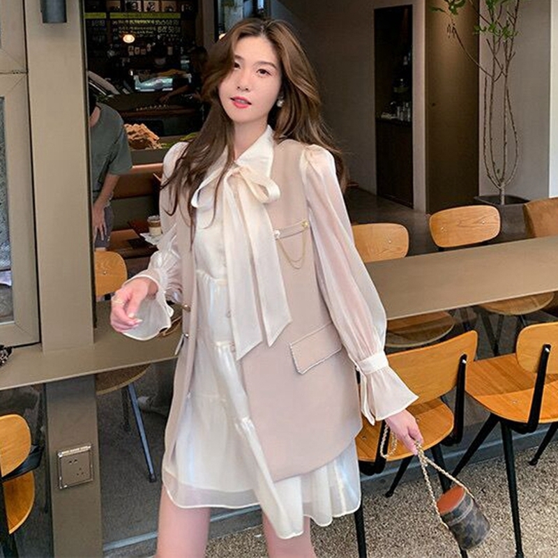 Vintage Maxi Dresses for Women Party Belt Bow Peter Pan Collar Office Lady French Flare Sleeve Woman Dress Vest Suit Autumn 220427