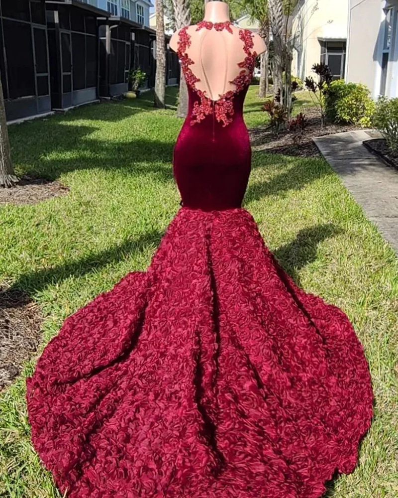 Plus Size Burgundy Prom Dress 2022 For Black Girl Bottom Rose Florals O Neck Sleeveless Mermaid Evening Dresses Open Back Formal African Party Wear Go