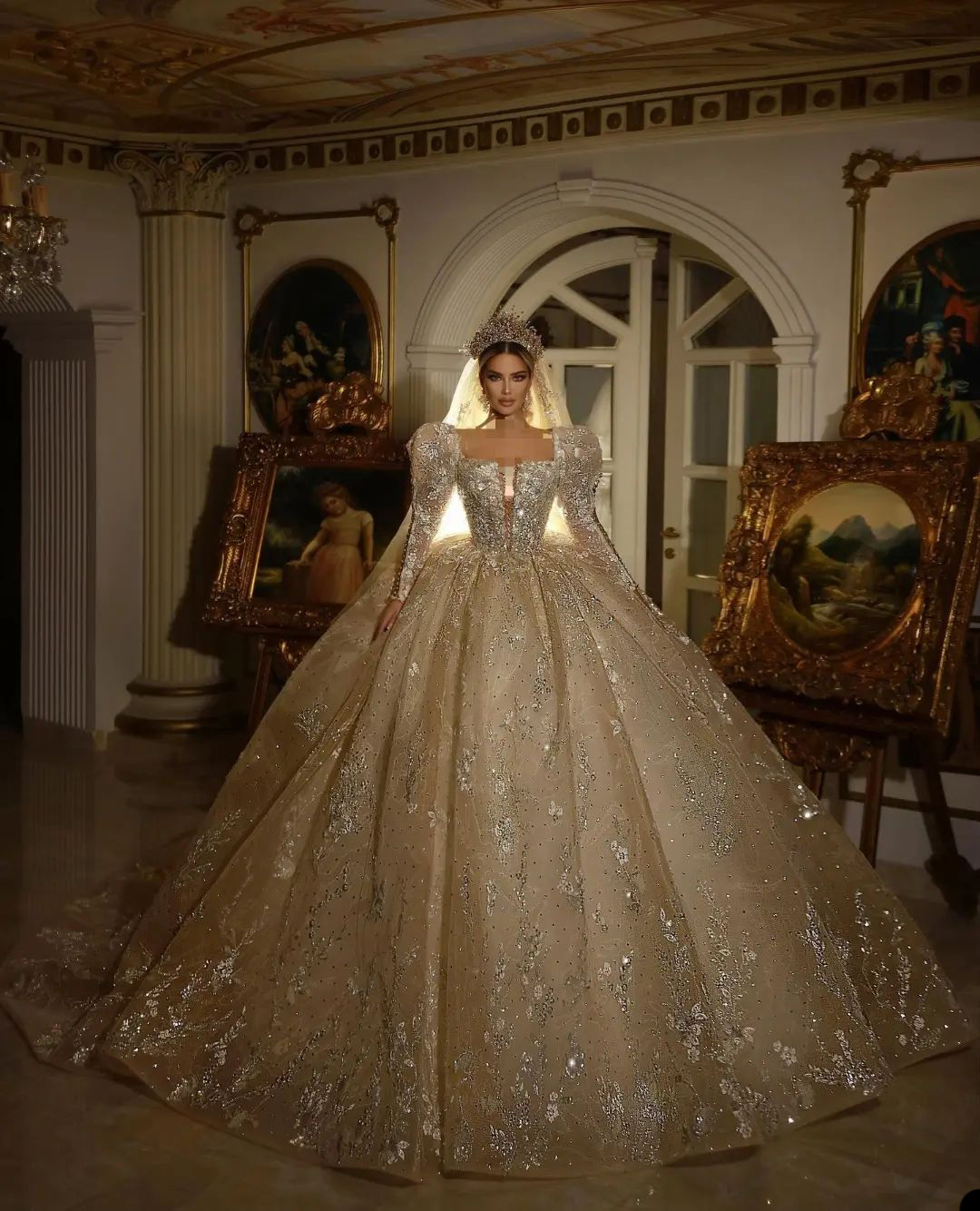 Wedding Dress Square-neck Long-sleeve Full Appliqued Lace Organza Ball Gown Elegant Bridal Dress Sweep Train