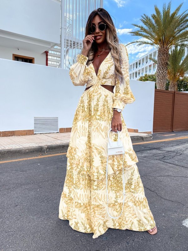 Women Boho Maxi Dress Summer Sexy V-Neck Hollow Out Lantern Sleeve Party Club Dresses Backless Beach Cover Up Female Robe Dress 220627