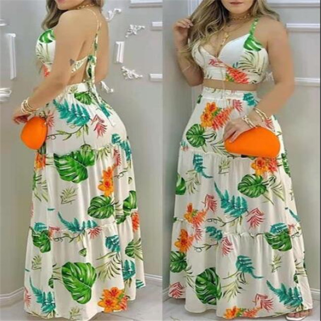 Summer Colorful Printed Two Piece Dress Suspender Top & Long Skirt Beach Holiday Style V-Neck Lace Up Women 2 Peice Sets