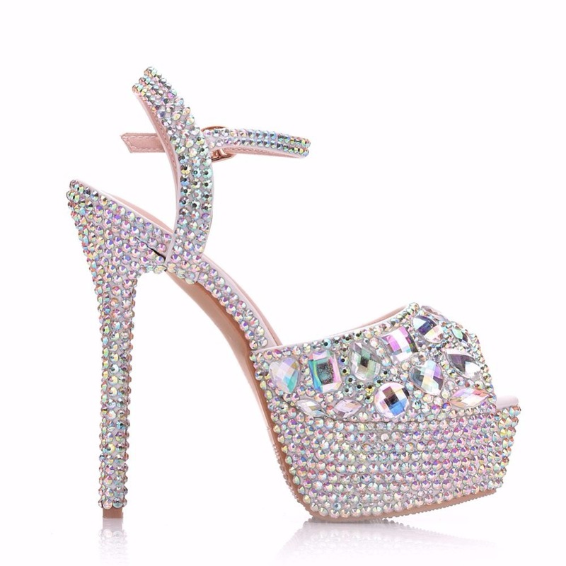 Crystal Queen Diamond Women Super High Heels Wedding Pumps 14cm Peep Shoes Platform 4CM Wristband Colorful Stiletto 220506