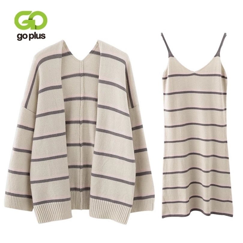 GOPLUS Two Pieces Set Autumn Woman Striped Strap Dress Suit Women 2018 New Fashion Cardigan Dress Set Knit Suit Set Female C6527 D18110503