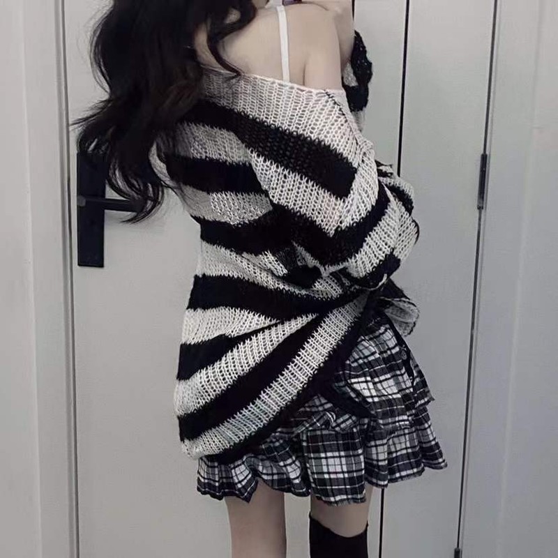 Karrcat Punk Gothic Long Sweater Women Dark Aesthetic Striped Pullovers Hollow Out Oversized Grunge Jumpers Emo Alt Clothes Y2k 220817