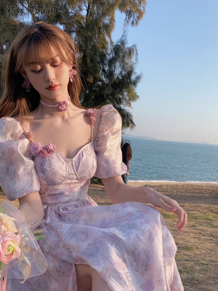 Floral Sweet France Vintage Dres Print Casual Elegant Evening Party Midi Dress Chiffon Korea Boho Beach Dress Summer 220516