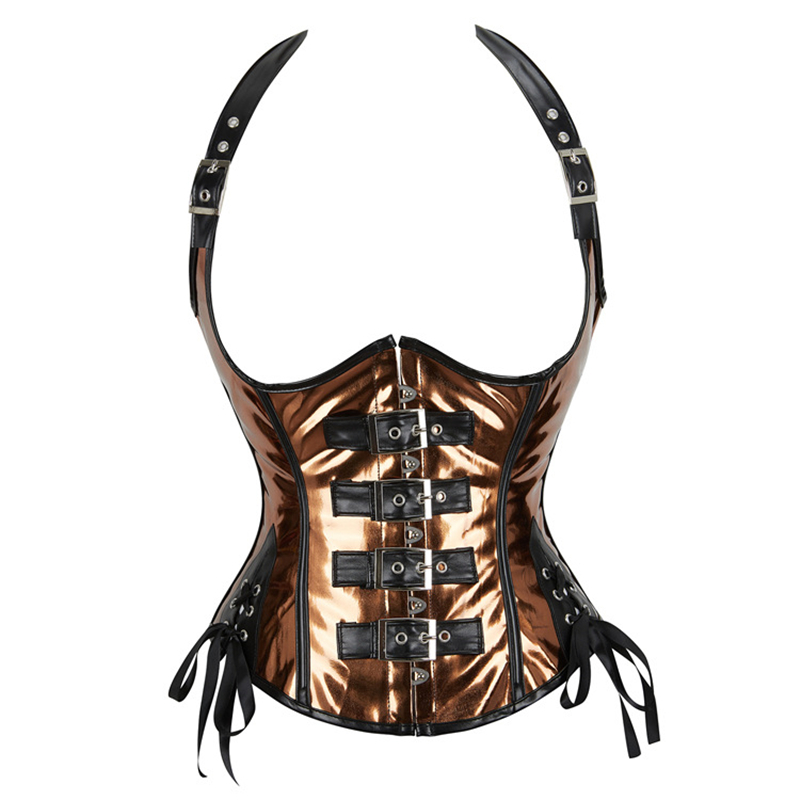 Halterneck Strap PU Leather Look Underbust Corset with Buckle Fastening and Side Lacing Women Steampunk Clubwearing Corsets