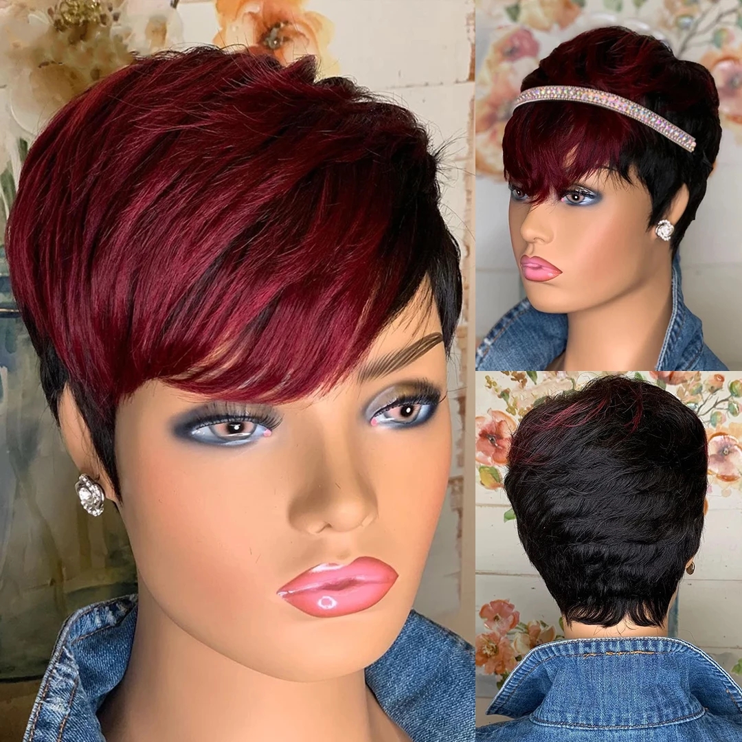 Ombre Red Pixie Cut Short Bob Wig For Black Women Brazilian Human Hair Wigs With Bangs Cosplay Bone Straight Full Machine Made