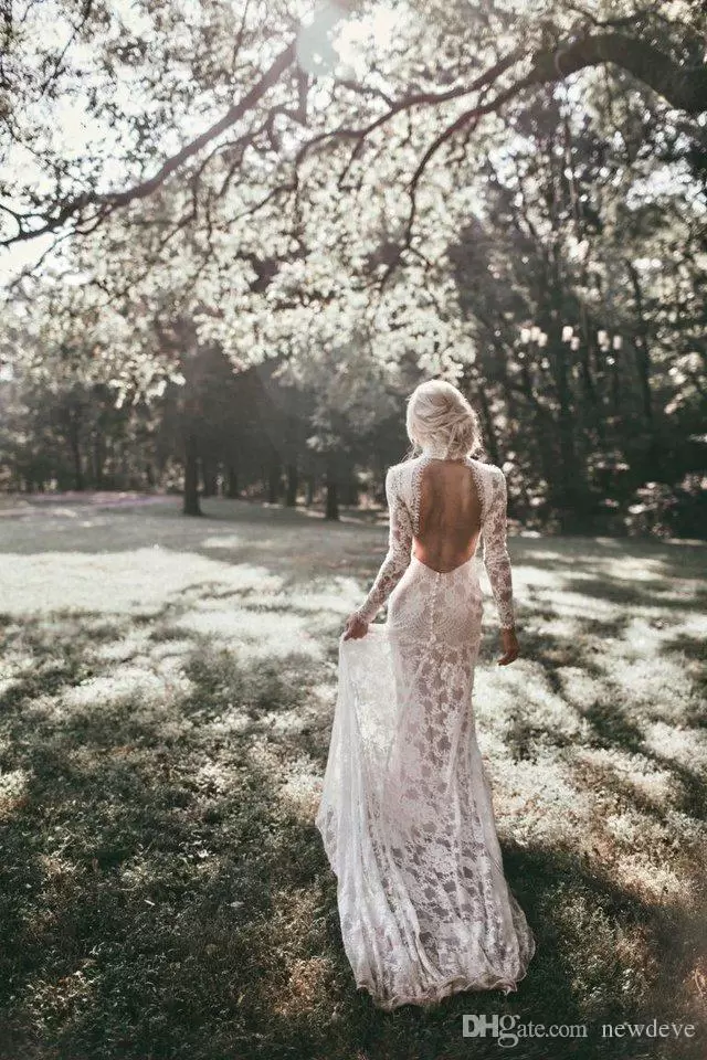 Boho Mermaid Lace Wedding Dresses Bridal Gown Sexy Backless Long Sleeves High Neck Ruffles Custom Made Ruched Country Beach Vestidos De Novia