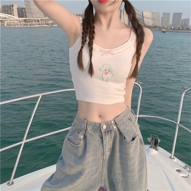 Cotton Crop Top Women Summer Double Shoulder Straps Design Cute Lamb Pattern Ribbon Lace Trim Sweet Tops for Kawaii Girls 220325