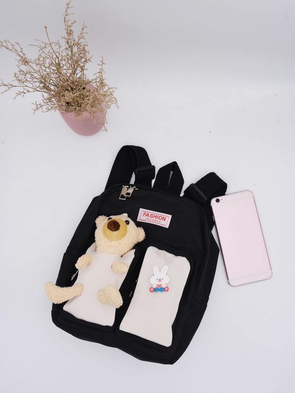 Kids Colorblock Cartoon Decor Multi-compartment Backpack SHE