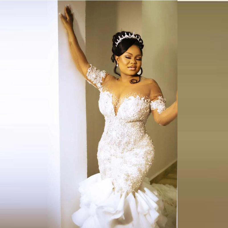 Plus Size Mermaid Wedding Dresses Ruffles Tiered Cathedral Train Lace Beaded Arabic Aso Ebi civil Bridal Gown vestidos sirena