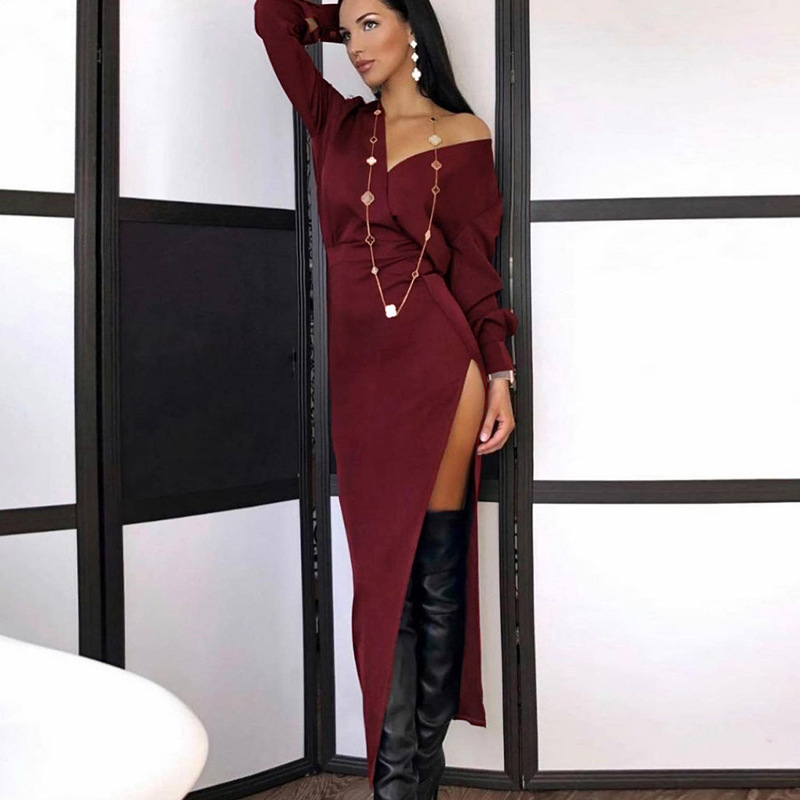 Elegant Long Sleeve White Bodycon Long Dress for Women Slit Sexy Party Evening Maxi Dresses Red Christmas Festival Clothing 220510