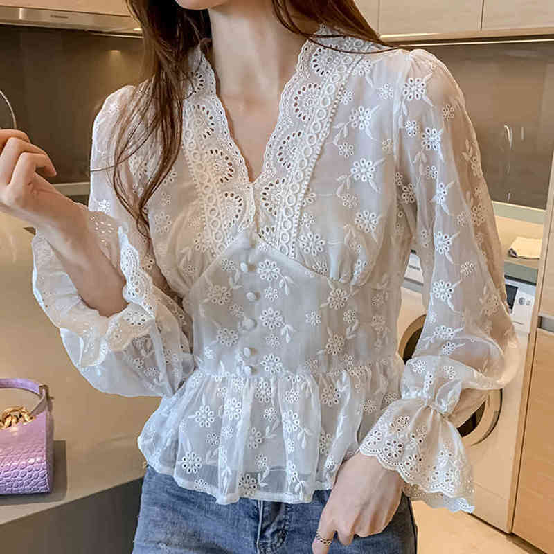 Pure White Blouse Women Mesh Hollow Out Sexy Vneck Blouse Flare Sleeve Embroidered White Shirts Ladies Elegant Blusas Plus Siz 210412