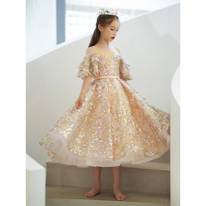 2023 Flower Girls Dresses Sheer Neck Long Sequined Hand Made Flowers Kids Formal Birthday Party Wear Lace Satin Girl Dress for Wedding