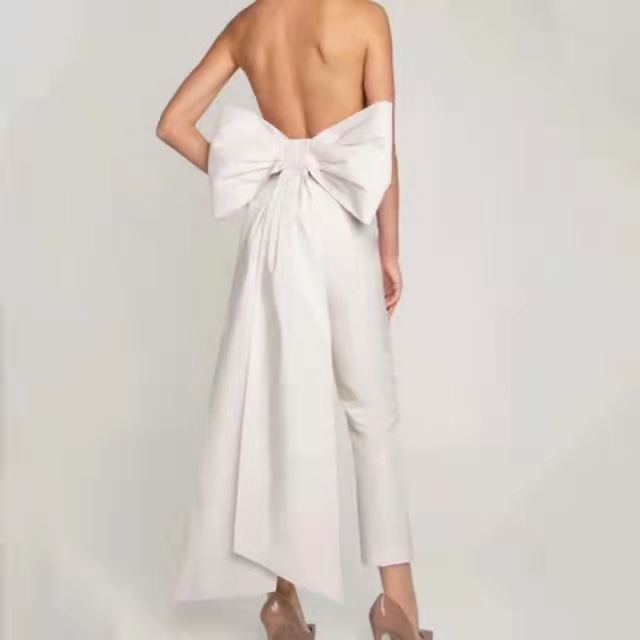 Fashion Designers Wedding Dress Ivory Satin Jumpsuit With Detachable Skirt Back Bow Bride Reception Gowns Sexy Strapless Backless Bridal Pants Suits