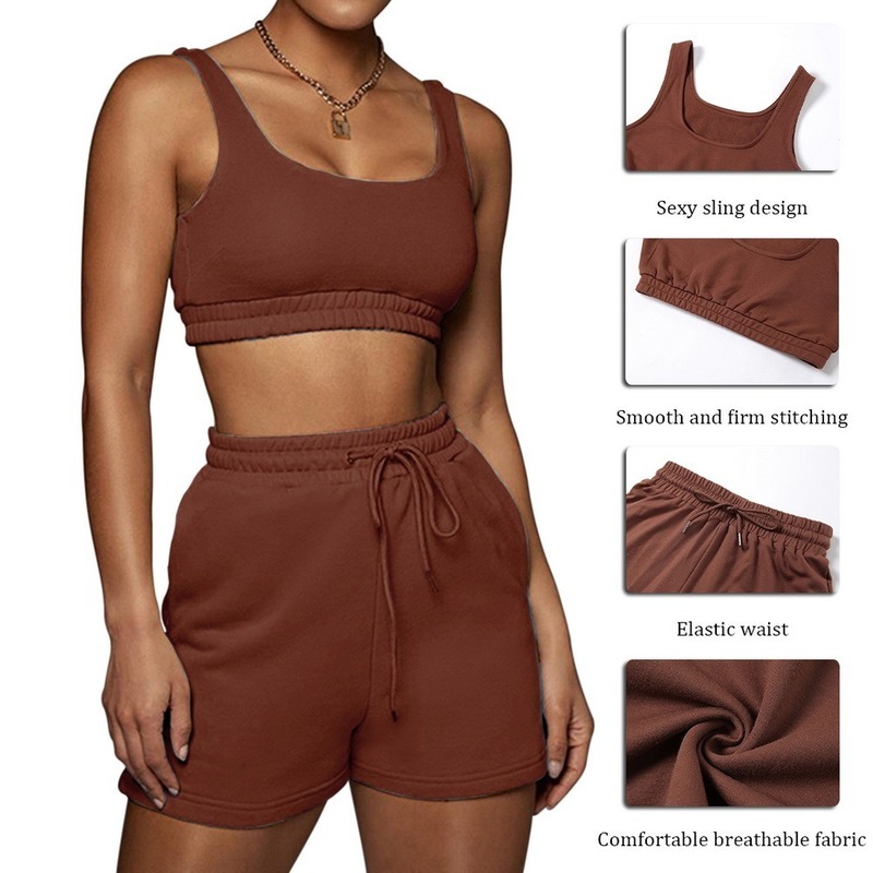 VERTVIE Casual Solid Sportswear Two Piece Sets Women Crop Top And Drawstring Shorts Matching Summer Yoga Sports 220518
