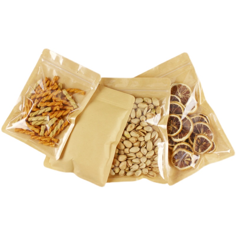 100pcs Clear Front Flat Bottom Kraft Paper Packaging Bags One Side Clear Coffee Beans Dried Fruit Bakery Snack Candy Wedding X-mas Gifts Resealable Zi