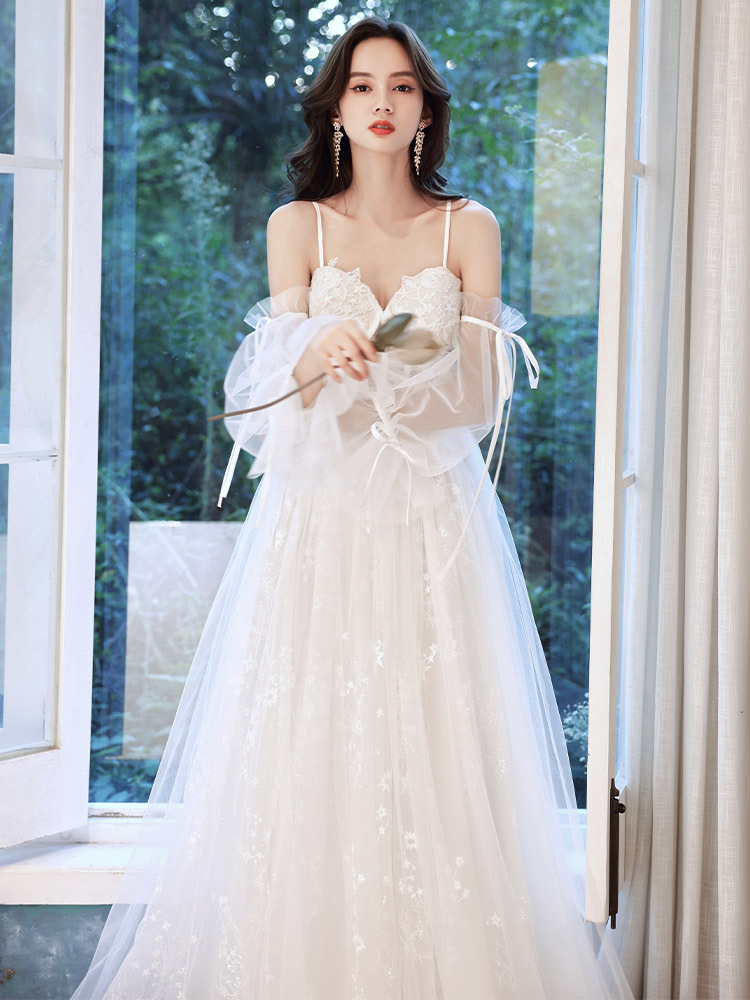 Fairy Boho Lace Wedding Dress 2022 With Sleeves Spaghetti Straps Bohemian Beach Wedding Dresses Corset A Line Tulle Civil Bride Chic Vestidos De Novia